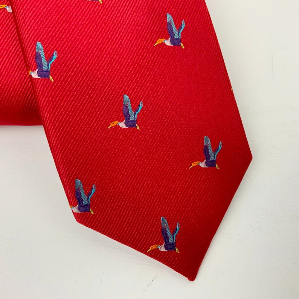 Tattersall London Men's Silk Necktie Red With Flying Blue Ducks